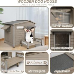 Alternative view of PETSCOSSET PET67 Outdoor Dog House, Wooden Dog Kennel with Porch & Window for Medium Dog,34.8/38.8/40.6in,Grey