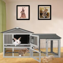 Alternative view of PETSCOSSET PET35 55.1"L 2 Story Wooden Rabbit Hutch with Pull Out Tray, Asphalt Roof, Ramp for Small Animals, Gray