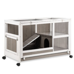 PETSCOSSET PET38 Guinea Pig Cages Indoor Wooden Rabbit Hutch with Ramp, Pull-Out Tray, Wheels,White/Grey