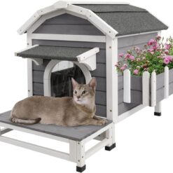 PETSCOSSET CAT13 Cat House for Outdoor, Wooden Shelter for Small Animals,Grey