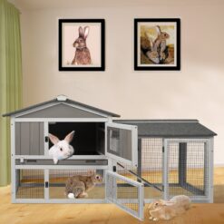 Alternative view of PETSCOSSET PET36 Rabbit Hutch 66.9" L Bunny Hutch with Pull Out Tray,2 Story Wooden with Asphalt Roof,Ramp for Small Animals,Gray