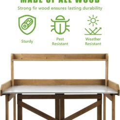 Alternative view of Petscosset GF12 Outdoor Folding Potting Bench Table, Fir Wood Workstation with Galvanized Tabletop,2 Tier Storage Shelves, Brown