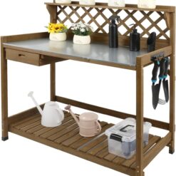 Alternative view of PETSCOSSET GF11 Garden Potting Wooden Benches & Tables, W/Metal Table Top, Drawer, Large Bottom Shelf, Open Shelf,Natural Stained