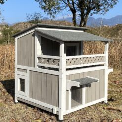 PETSCOSSET PET14 29"L Two Story Wooden Feral Cat House Outside with Balcony Waterproof, Grey