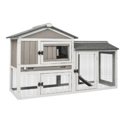 PETSCOSSET PET35 55.1"L 2 Story Wooden Rabbit Hutch with Pull Out Tray, Asphalt Roof, Ramp for Small Animals, Gray