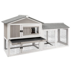 PETSCOSSET PET36 Rabbit Hutch 66.9" L Bunny Hutch with Pull Out Tray,2 Story Wooden with Asphalt Roof,Ramp for Small Animals,Gray