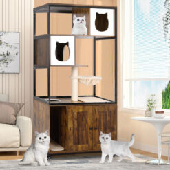 PETSCOSSET PET54 Cat Litter Box Enclosure Wooden Cat Washroom Furniture on Wheels with Multiple Platforms,Brown
