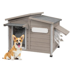PETSCOSSET PET68 Dog House Outdoor,Anti-Chewing Iron Frame Wooden Dog Kennel Outside,34/22/26.5in,Grey