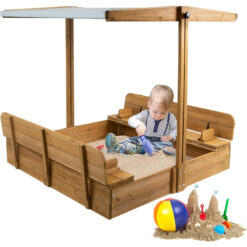 PETSCOSSET GF01 Wooden Sand Boxes for Kids Outdoor with Lid & Canopy,Rotatable Canopy, Adjustable Height,Brown