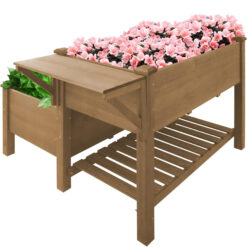 PETSCOSSET GF25 2-Tier Raised Garden Bed with Legs, Outdoor Elevated Garden Box with Storage Shelf,Brown