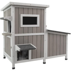 PETSCOSSET PET19 Outdoor Cat House 2 Story with 3 Escape Doors, Feral Cat House with 2 Rest Rooms for 2-3 Cats,Grey