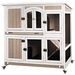 PETSCOSSET PET33 47"L Indoor Wooden 2 Story Rabbit Large Bunny Hutch Outdoor Bunny Cage on Wheels,White/Grey