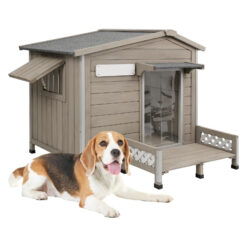PETSCOSSET PET67 Outdoor Dog House, Wooden Dog Kennel with Porch & Window for Medium Dog,34.8/38.8/40.6in,Grey