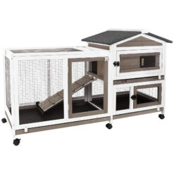PETSCOSSET RAB14 Rabbit Hutch, Indoor Two-Story Rabbit Cage with Pull Out Tray, Wheels, Asphalt Roof,White/Grey