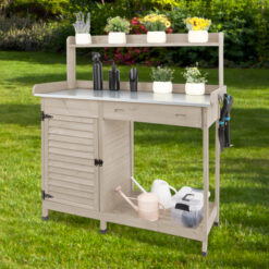 Alternative view of PETSCOSSET GF10 Outdoor Wooden Potting Bench with Metal Tabletop, Waterproof Garden Table, Grey